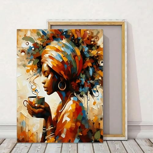 Toile abstraite de fille africaine au café pour une déco de bureau chaleureuse