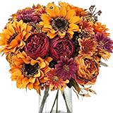 3Pcs Artificial Fall Flowers Faux Mums Sunflower Burgundy Fake Peony Silk Rose Hydrangea Flower for DIY Wedding Bridal Bouquet,Thanksgiving Party Table Centerpieces,Autumn Arrangement Vase Decoration