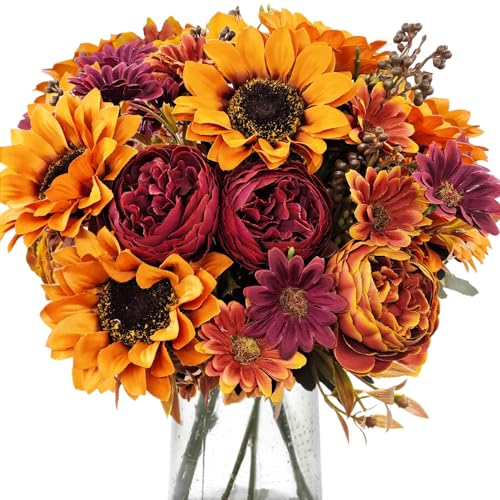 3Pcs Artificial Fall Flowers Faux Mums Sunflower Burgundy Fake Peony Silk Rose Hydrangea Flower for DIY Wedding Bridal Bouquet,Thanksgiving Party Table Centerpieces,Autumn Arrangement Vase Decoration