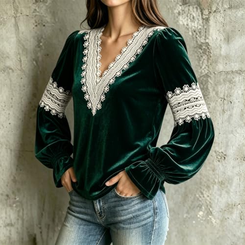 Ladies Tops Velvet Lantern Long Sleeve V Neck Lace Trim Elegant Blouse - image 8
