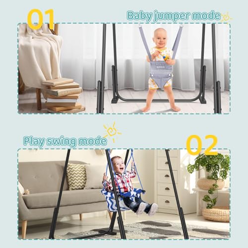 Slevoo 2 in 1 Baby Jumper and Swing, Toddler Swing Set with Foldable Stand, Ages 6 Months to 6 Years, for Indoor and Outdoor Fun, Grey - Thumbnail 2