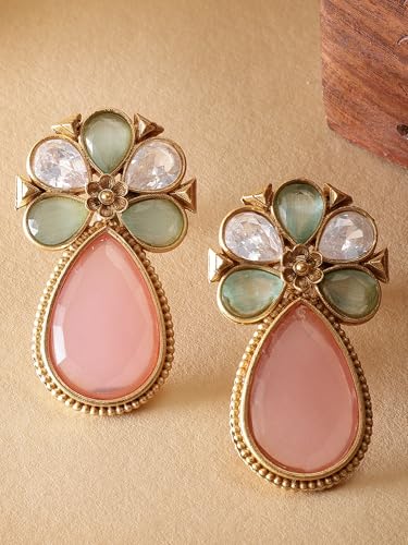 Image of Karatcart Silver Tone Diamond Shape Pink and Blue Carved Stone Studded Drop Earrings for Women