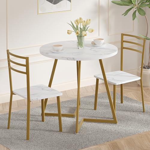 Image of VECELO Small Round Dining Table Set for 2, Wood Tabletop with Strong Metal Frame, Modern Dinette with Chairs for Kitchen, Breakfast Nook Living Room, White and Gold