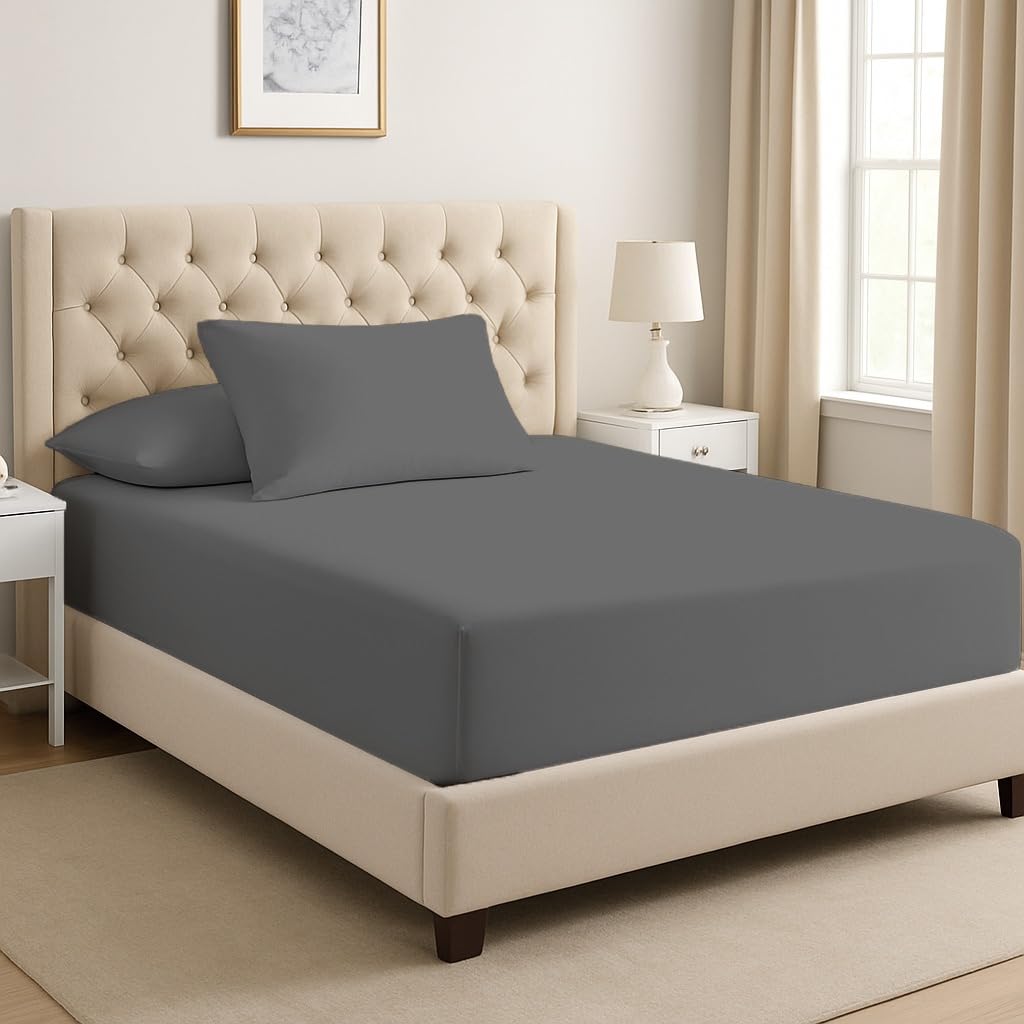 Dreema Grey Novexa Double Fitted Sheet - 400 Thread Count 100% Egyptian Cotton, 25Cm Deep Pocket - Soft, Breathable & Hotel Quality (Double )
