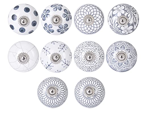 Orien Craft Ceramic Knobs Grey & White Cream Rare Hand Made in India Premium Quality Assorted Pumpkin knobs Cabinet Drawer Handles Pulls Ceramic Cabinet Knobs with Fitting Hardware (10, Grey)
