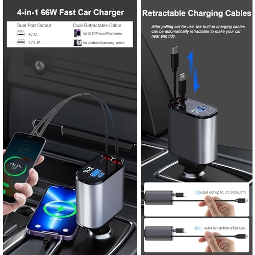 Retractable Car Charger Fast Charging - 66W 4-in-1 USB C Car Phone Charger Cigarette Lighter Adapter Car Charger Compatible with iPhone 15 14 13 12 Pro Max iPad Android Pixel Huawei Tablet