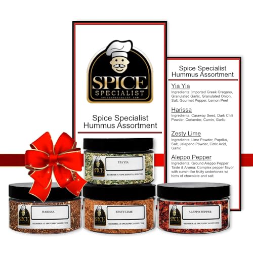 Hummus Seasoning Assortment Set - Contains: 4 Assorted Plastic Jars (1 each of: Greek Seasoning, Harissa, Zesty Lime, and Aleppo Pepper).
