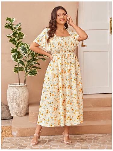 Image of Floerns Women's Plus Size Floral Square Neck Flounce Short Sleeve A Line Maxi Dress