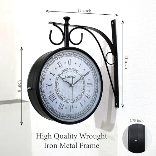Image of Amazon Brand - Solimo Double Sided Vintage Station Wall Clock, one Side Roman and Other Side Numeral dial (8 Inches, Black) Metal, Analog