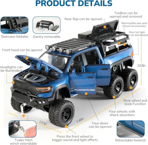 Image of RAM Mammoth Pick-Up Model Car 1:32 Exclusive Alloy Metal Pull Back Die-cast Car Die-cast Metal Pullback Toy car with Openable Doors & Light Music