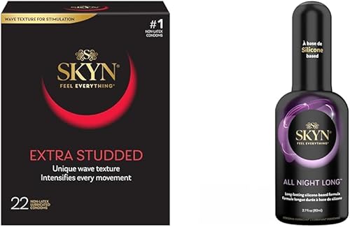 SKYN Condones extra tachonados sin látex caja de 22 unidades y lubricante de silicona SKYN All Night Long Premium 2.7 oz