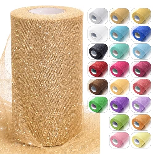 Champagne Gold Glitter Tulle Fabric Rolls 6 Inch x 50 Yards Sparkling Spool Ribbon Sequin Netting for DIY Tutu Skirt Wedding Decor Baby Shower Birthday Party Backdrop Gift Wrapping Craft Supplies