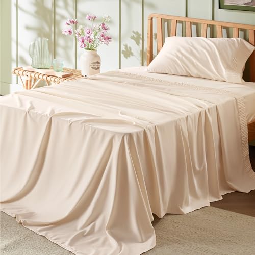 Image of Bedsure Twin Sheets Set - 3 Pieces Soft Twin Bed Sheets - Breathable & Cooling - Hotel Luxury - Easy Care Polyester Microfiber Bedding for Women, Men, Light Beige