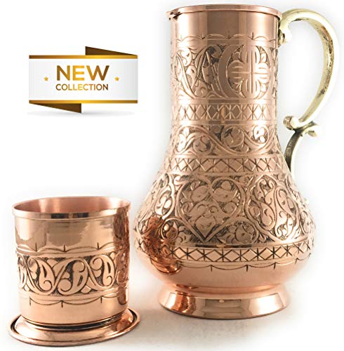 The Silk Road Trade - KS Series - 45fl.oz Copper Pitcher and 7.7fl.oz Cup Set, Moscow Mule Water Jug, Ice Tea and Juice Beverage, Desktop/Bedside Night Water Carafe Ayurvedic (Engraved)