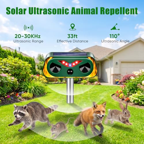 Image of 4-Pack Solar Powered Ultrasonic Animal Repeller Outdoor | Waterproof Deer Cat Dog Squirrel Raccoon Rabbit Deterrent with Motion Sensor & Flashing Light for Yard Garden Lawn Farm