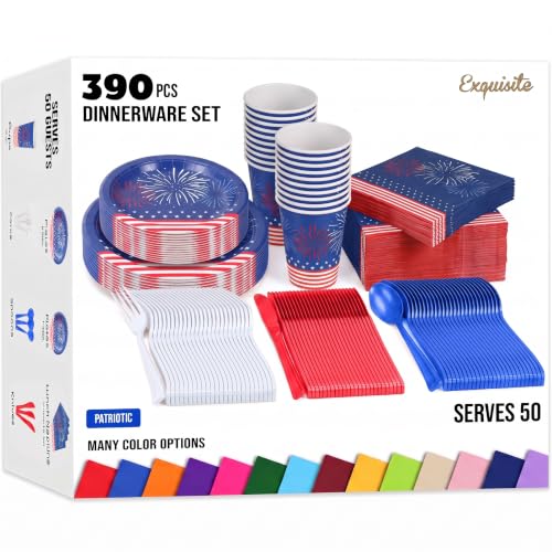 Image of 390 Pcs 4th of July Plates and Napkins Sets 4th of July Paper Plates | Includes 60 9 inch Paper Plates | 60 7 inch Paper Plates | 60 9oz Paper Cups | 60 Napkins | 150 Plastic Cutlery