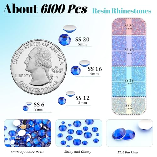 Image of 6100Pcs Royal Blue Rhinestones for Crafting with 2Pcs 10ml B7000 Jewelry Glue, 1 Box Flatback Crystals Diamond for Bedazzling Crafts DIY Nail Art Resin Gems for Clothing Shoes