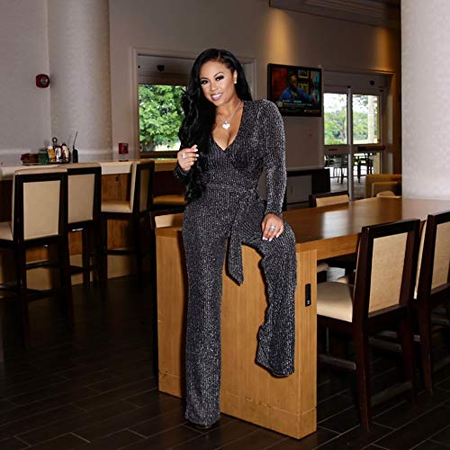 Womens Jumpsuits Elegant Plus Size Sexy Long Sleeve Party Clubwear Casual Rompers For Womens Glitter Sparkly Dressy Pants Silver Xl #TOP1