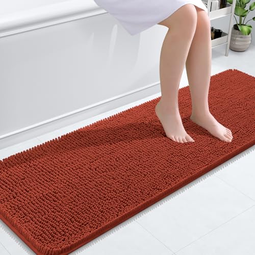 Image of OLANLY Bathroom Runner Rugs 59x20, Soft Absorbent Chenille Bath Rugs, Rubber Backing Quick Dry, Machine Washable Long Bath Mats for Bathroom, Tub and Shower, Home Decor Accessories, Rustic Terracotta