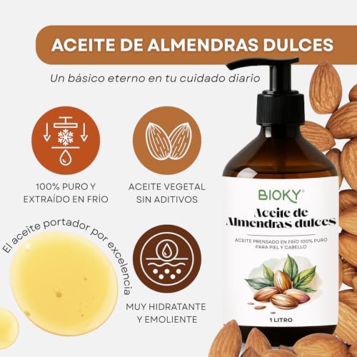 Aceite de Almendras Dulces Puro 1 Litro - Hidratante Natural para Cuerpo, Piel y Cabello - Aceite Profesional de Masaje - Antiestrías Embarazo - Prensado en Frío, con Vitamina E y A - imagen 2