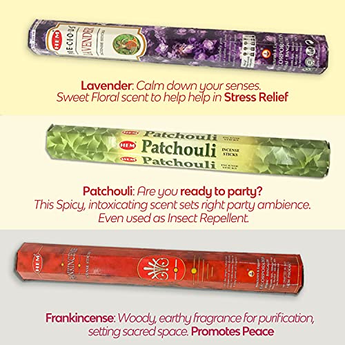 Hem Premium Incense & Holders Set - (120 Sticks, 6 Scents + Free Holder) | Lavender Incense, Dragons Blood, First Rain, Patchouli Frankincense White Sage Top Variants #TOP2