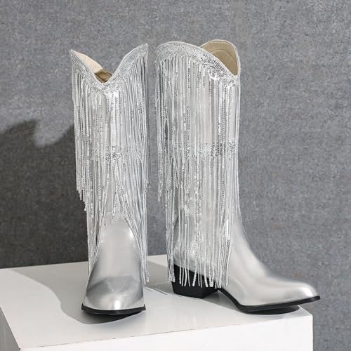 PAUVAODY Mode Kwast Cowboy Laarzen voor dames Metallic Cowgirl Mid-Calf Laarzen - Afbeelding 7