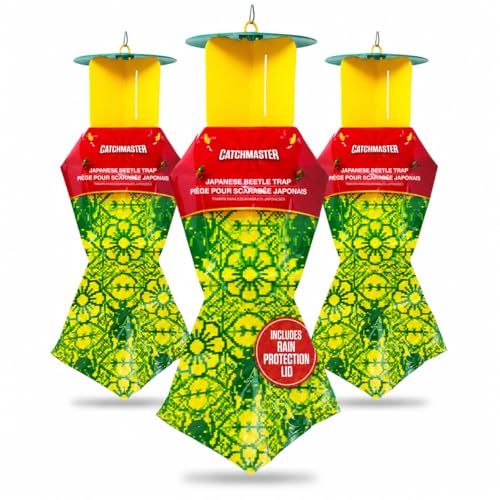 Catchmaster Japanese Beetle Traps w/Rain-Proof Cap 3-Pack & Dual Lure, Beetle Bag Trap, Hanging...