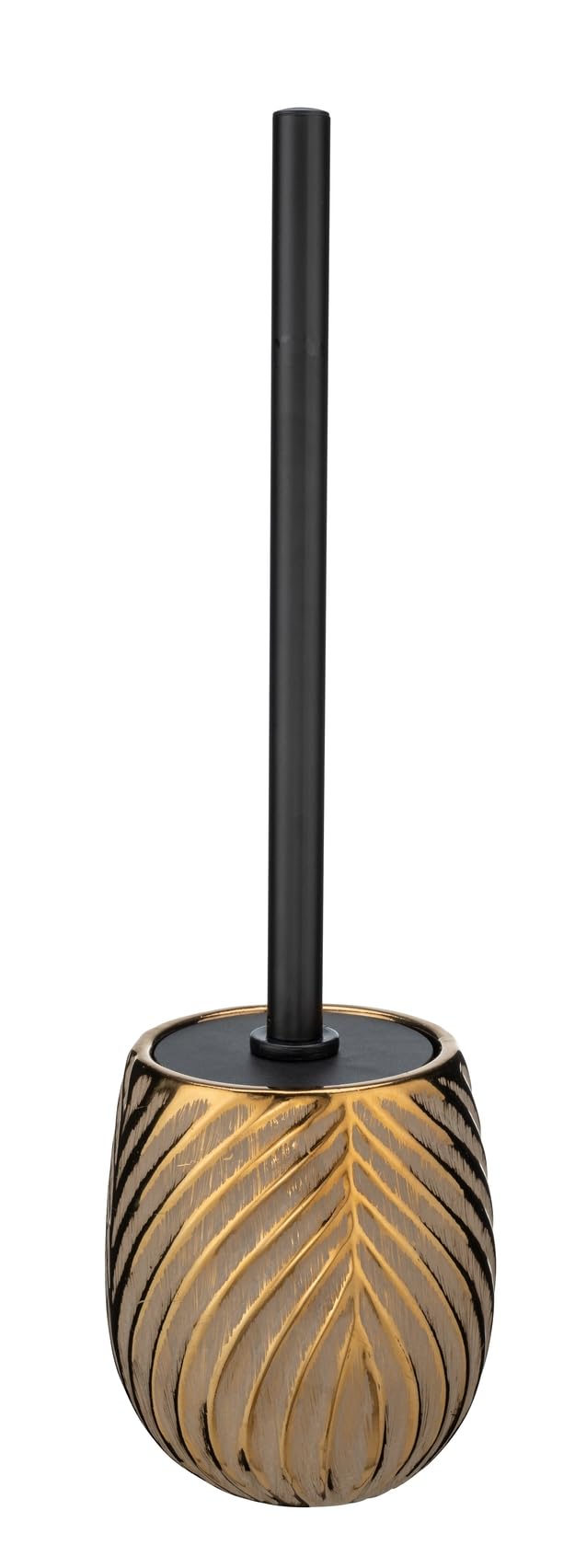 WENKO Set Scopino WC Idro Lusso - Ceramica Oro Con Manico Nero E Setole In Silicone - Design A Linee, 39x10 Cm