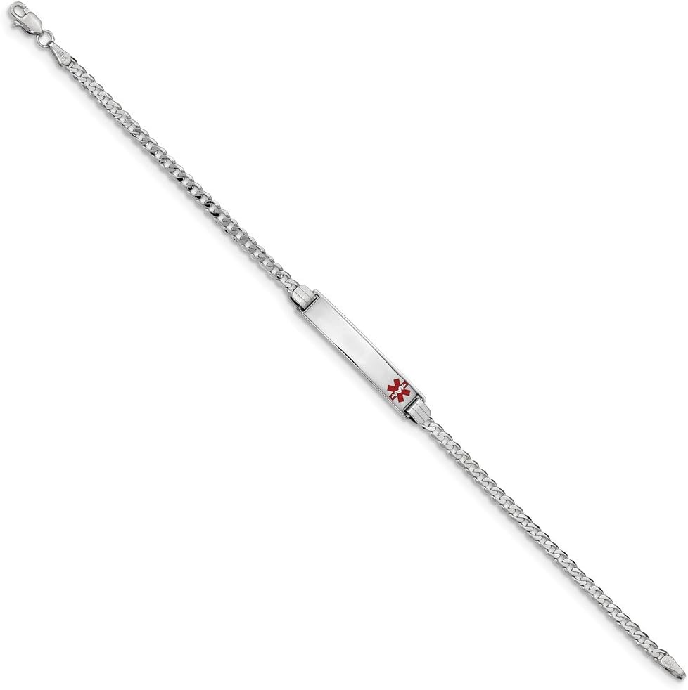Real 14kt White Gold Medical Red Enamel Flat Curb Link ID Chain Bracelet; 7 inch