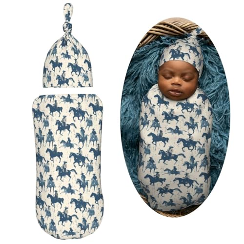 Image of Watercolor Cowboys Cool Newborn Swaddle Blankets Hat Sets Soft Baby Receiving Blanket Swaddle Sack for Baby Shower Infant Boy Girl Gift