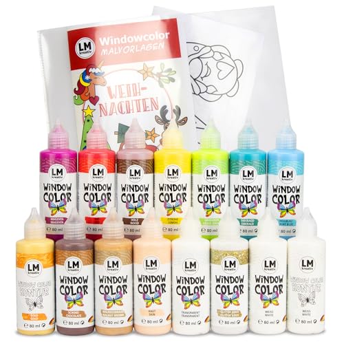 Set da 15 Window Color di LM-Kreativ - Natale - con 13 colori, 2 contorni e modelli natalizi per immagini festive alle finestre. Colori per finestre a base d'acqua, ideali per regalare e decorare