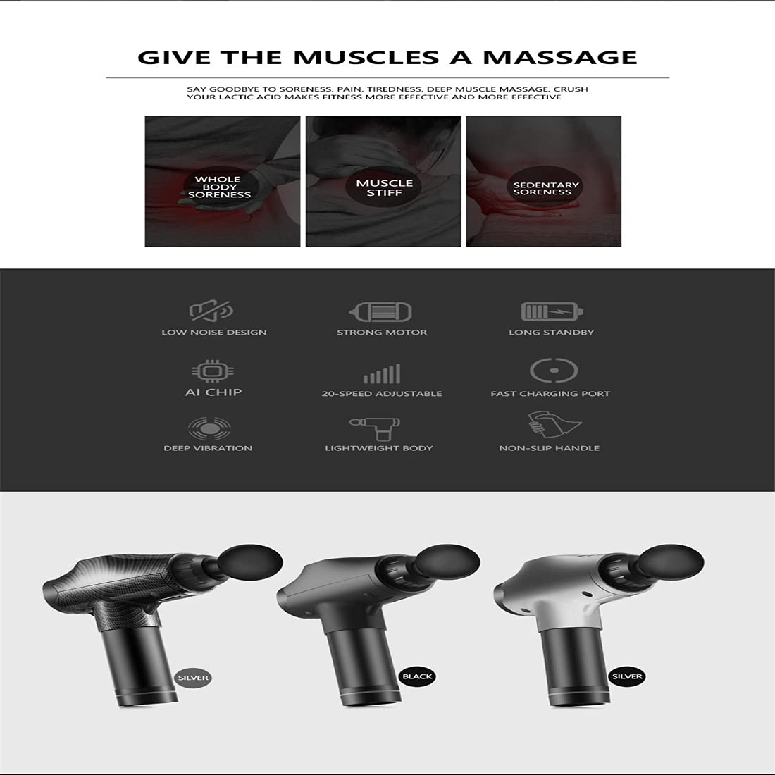 Massaggio Massaggio, Massaggiatore Muscolare Massaggiatore per Muscoli Percussione del Tessuto Profondo per Atleti, per Muscoli del Corpo, Schiena, Collo,Nero