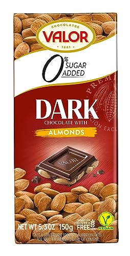 Valor. Dark Chocolate with Mediterranean Almonds. No sugar added. 150g (5.29oz)
