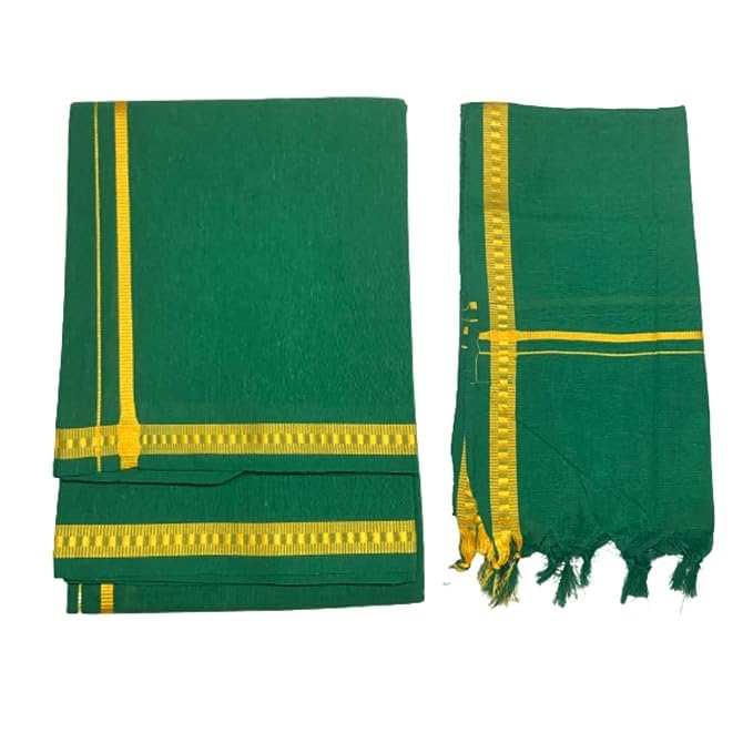 Kolakeer™ Men's Cotton Color Dhoti Angavastram Set - 1.9 Mtrs Dhoti with 1.2 Mtrs Angavastram - Kerala Pentex Mundu Set