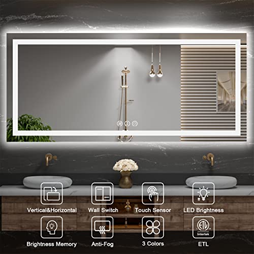 Amorho 84" X40" LED Mirror for Bathroom with Front and Backlight, Large Dimmable Wall Mirrors with Anti-Fog, Shatter-Proof, Memory, 3 Colors, Double LED Vanity Mirror