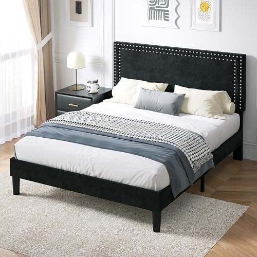 Image of VECELO Full Size Platform Bed Frame with Height Adjustable Upholstered Headboard, Modern Mattress Foundation,Strong Wood Slat Support, No Box Spring Needed, Easy Assembly,Black