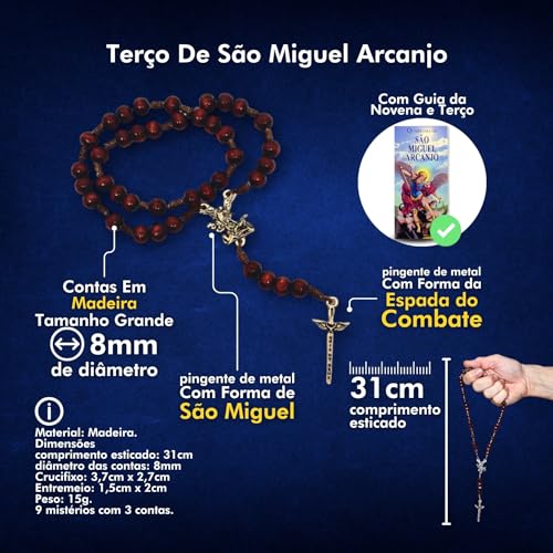 Terço São Miguel Arcanjo Com Novena Guia Impresso Em Madeira Espada Do Combate