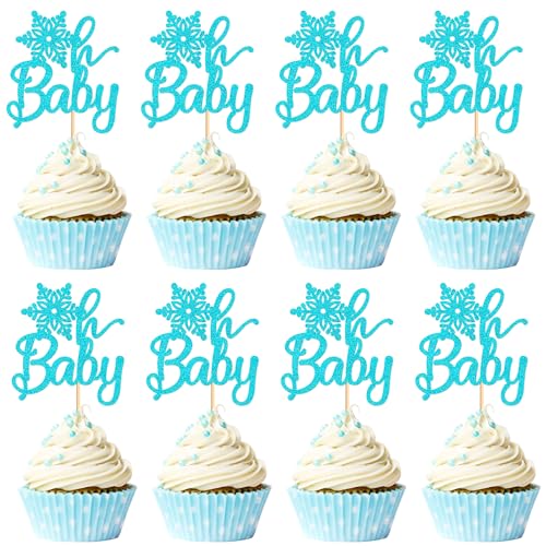 Cyodoos 24 PCS Snowflake Oh Baby Cupcake Toppers - Blue Flash Winter Frozen Oh Baby Cupcake Winter Onederland Boys Birthday Party Decoration
