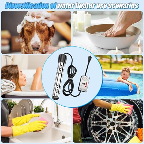 Immersion Water Heater, 2000W Portable Electric 304 Stainless Heaters with Guard Cover - LCD Thermometer for Above Ground Inflatable Pool Tub Buckets Motorhome Camping Outdoor