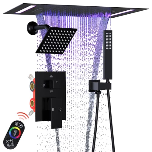 ENGA Dual Rain Shower Head System, 2 In 1 Functions Ceiling Mount 14x20inch LED Shower Head with 6 Inch Shower Head, Rainfall Waterfall Shower Faucet Set, Matte Black