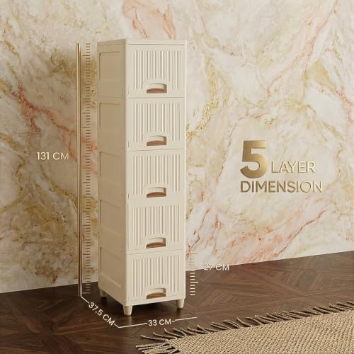 Image of Plastic Wardrobe for Clothes, Multipurpose Storage Cupboard Organizer Almirah with Shelves for Bedroom, Kids Room, Home & Office, (Ivory Drawer) (5 Layer)