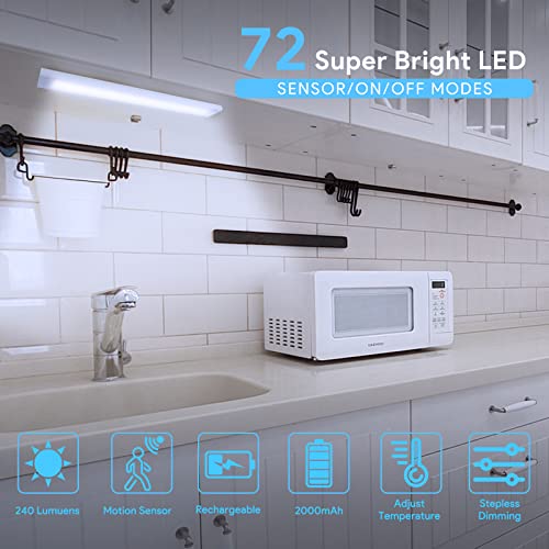 Under Cupboard Kitchen Lights,4 Pack 72 LEDs 3 Modes Motion Sensor under cabinet kitchen lights,2000mAh USB Type-C Rechargeable Dimming Wardrobe Light,2 Color Temps Closet Light for Kitchen Stairs