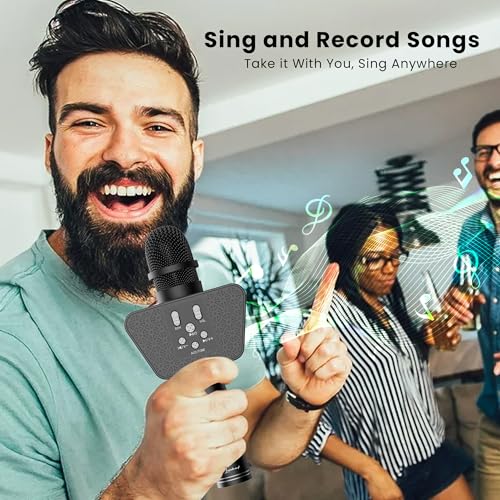 Image of LANDMARK BT55 Handheld Wireless Singing Mic Multi-Function Bluetooth Karaoke Microphone with Inbuilt Bluetooth Speaker, Recorder for Smart Phones, Laptop, Tablet - Black