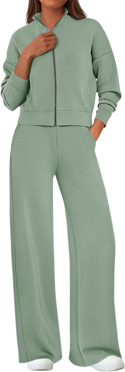 Women's 2 Piece Outfits Fall Sweatsuits Zip Up Sweatshirt Wide Leg Sweatpants Casual Tracksuit Lounge Sets(Sage Green,Large)