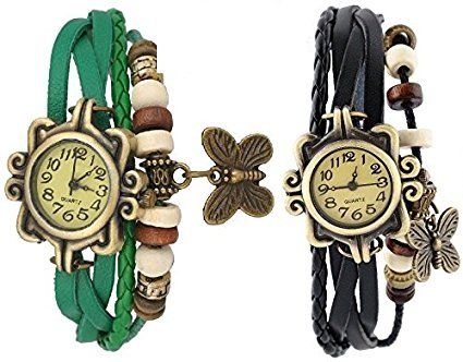 Pappi-Haunt Set of 2 Vintage Leather Green & Black Butterfly Bracelet Watch for Girls, Women - Combo Offer