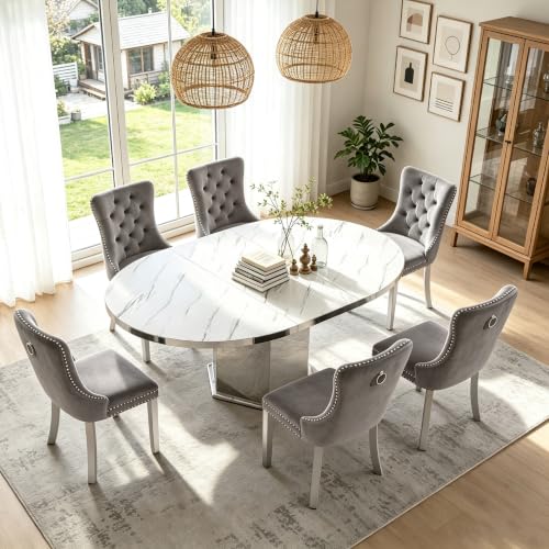 Image of 47 inch-63 inch Extendable Dining Table for 4 6, Modern White Expandable Kitchen Table, Round to Oval Dining Room Table with Mirrored Pedestal for Dining Kitchen Living Room