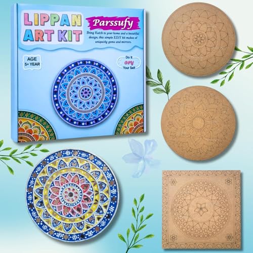 Image of Parssufy Lippan Art DIY Kit for Wall Decoration - 3 Pre-Marked 8 Inch MDF Boards with Acrylic Paints, Clay, Craft Mirrors, Brushes & Easel | Traditional Mud Art Kit for Kids & Adults