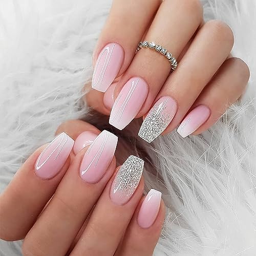 24 PCS Sliver Glitter Press on Nails Glossy Pink French False Nails Square Short Fake Nail Full Cover Stick on Nail for Women Girls Daily Wear (Pink White Glitter Gradient) - Image 3