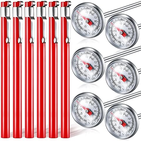 Xuhal 6 Pcs Stainless Steel Kitchen Thermometer with 5 Inch Long Stem 1 Inch Dial Thermometer Milk Frothing Food Thermometer for Oven Probe Meat Grill BBQ Cooking Chocolate Water (Red) Cover
