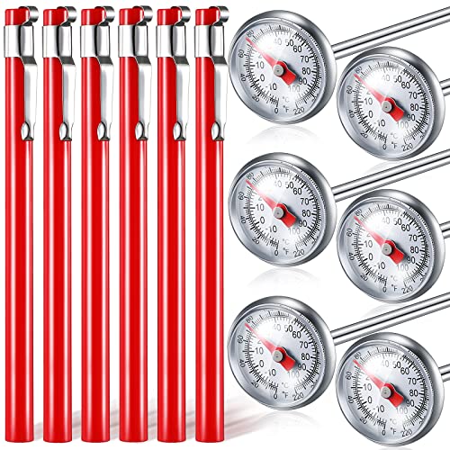 Xuhal 6 Pcs Stainless Steel Kitchen Thermometer with 5 Inch Long Stem 1 Inch Dial Thermometer Milk Frothing Food for Oven Probe Meat Grill BBQ Cooking Chocolate Water(Red)